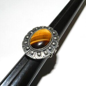 Vintage Taxco Mexico 925 Sterling Silver Tiger Eye Oval Ring Size 6.5 Rare!!